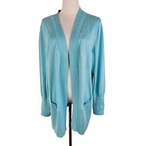 Talbots Light Blue Open Long Cardigan Sweater Size Large 100% Cotton